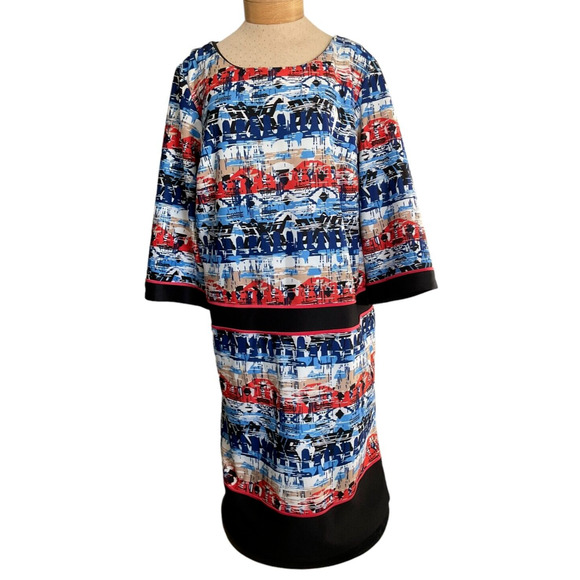 Madison Leigh 22W Red Blue Beige Abstract Print Three-Quarter Sleeve Dress - Picture 1 of 10